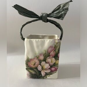 Vintage Scioto Ceramic Floral Bag With Paper Ribbon Handle